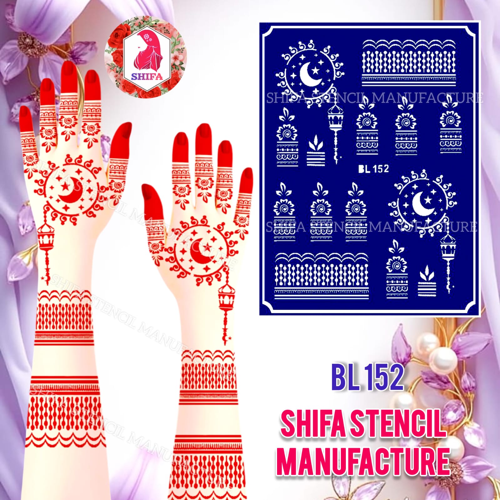 BL152 Midnight Crescent Charm Weave Double Hand Henna Stencil - Shifa Stencil